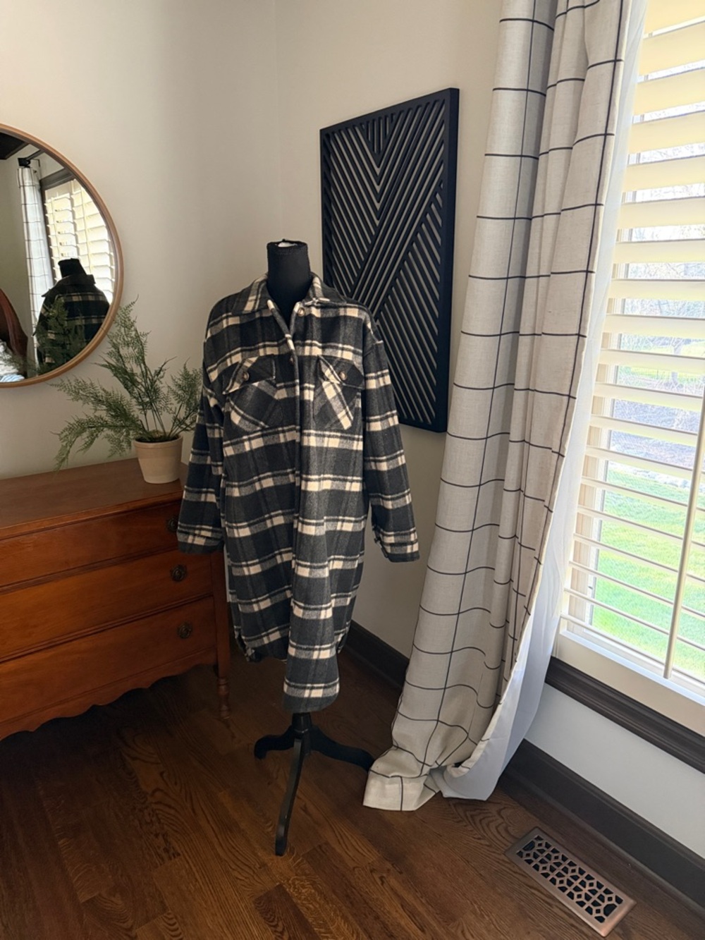 Panache Black and Cream Plaid Button-Front duster shacket medium